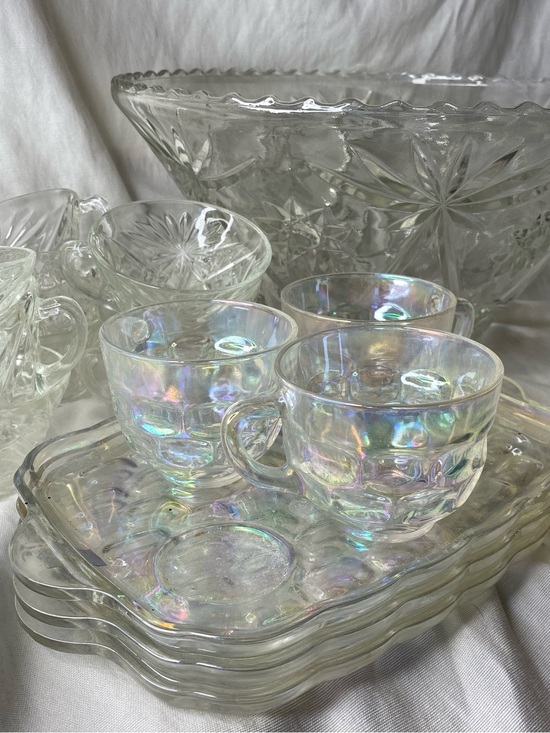 Other - Iridescent Glass Punch Bowl Tea Cups and Tray Sets - Clear